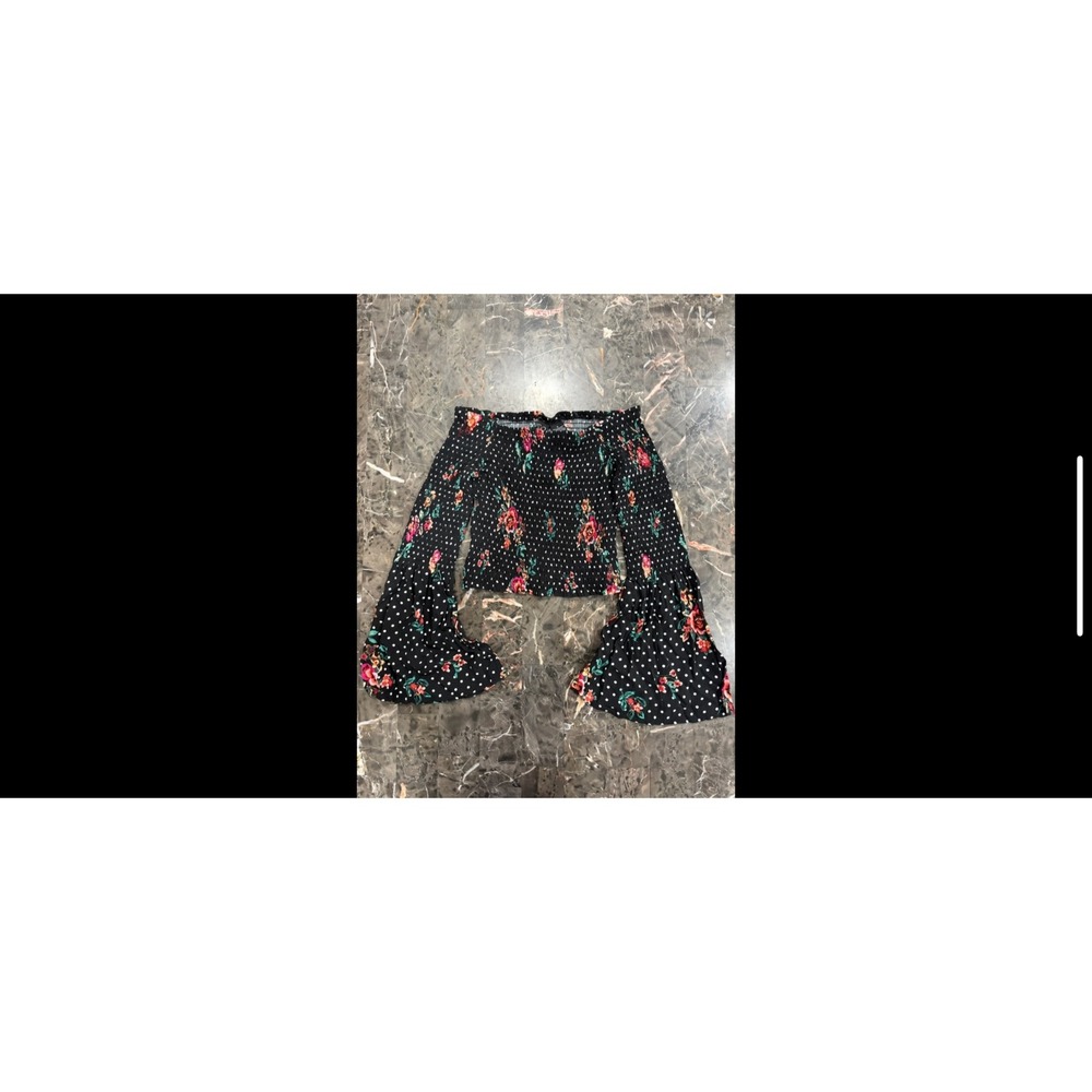 Windsor Floral Polka Dot Smocked Off Shoulder Bell Sleeve Crop Top Small RC3607J